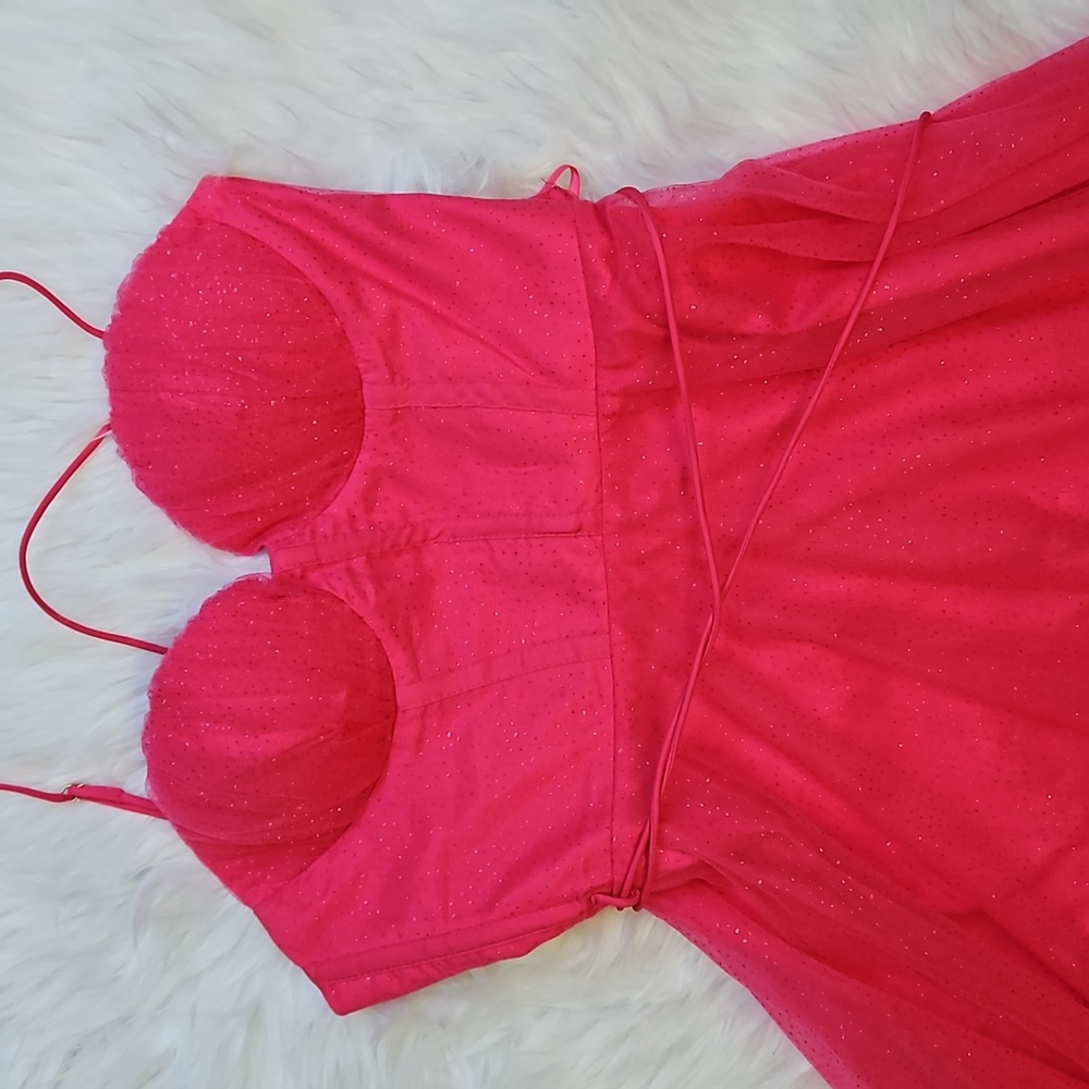 SMITTEN SWEETHEART NECKLINE CHIFFON MIDI DRESS FUCHSIA